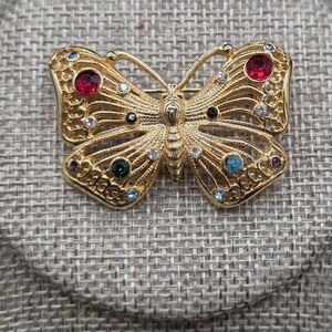 Elegant Gold Butterfly Brooch with Multicolor Gemstones